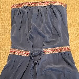Gyspy 05 Size Small Blue Strapless Dress with Red and White Trim 100% Silk